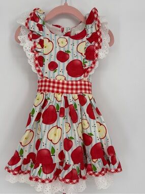 Makena Lane "A is for Apple" Pinafore Dress Size 3 (3T) Eyelet Ruffle Gingham